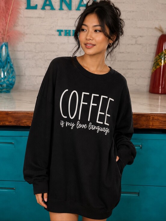SHEIN Tops - SHEIN Curve Oversized Coffee Is My Love Language Black Sweatshirt Dress 1XL